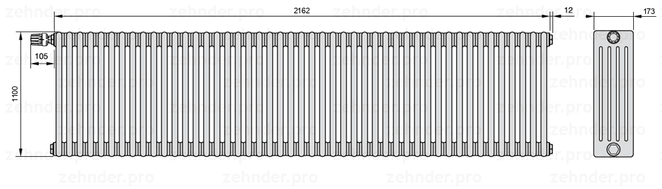 Схема (чертеж) Радиатор Zehnder Charleston 5110/47 №V012 Белый глянцевый RAL 9016